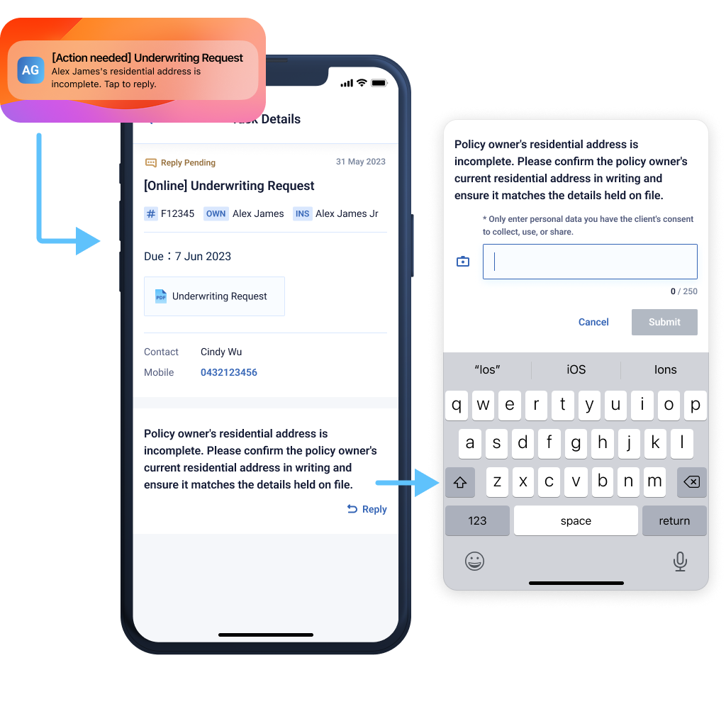 Push notification then in-app inquiry reply screen