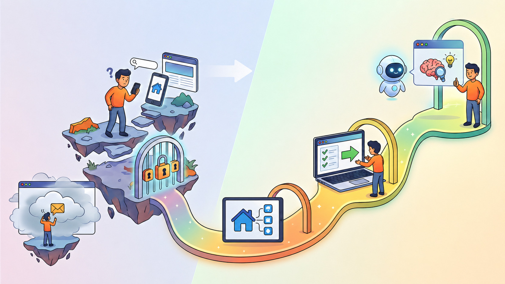 Conceptual illustration of a student moving from a fragmented digital experience toward a unified, intelligent one.