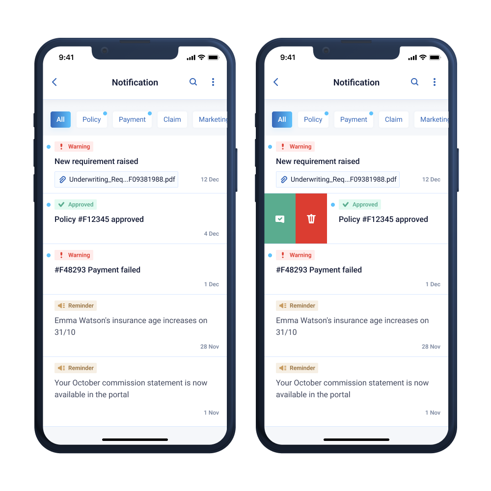 In-app notification list with three archetypes and swipe actions